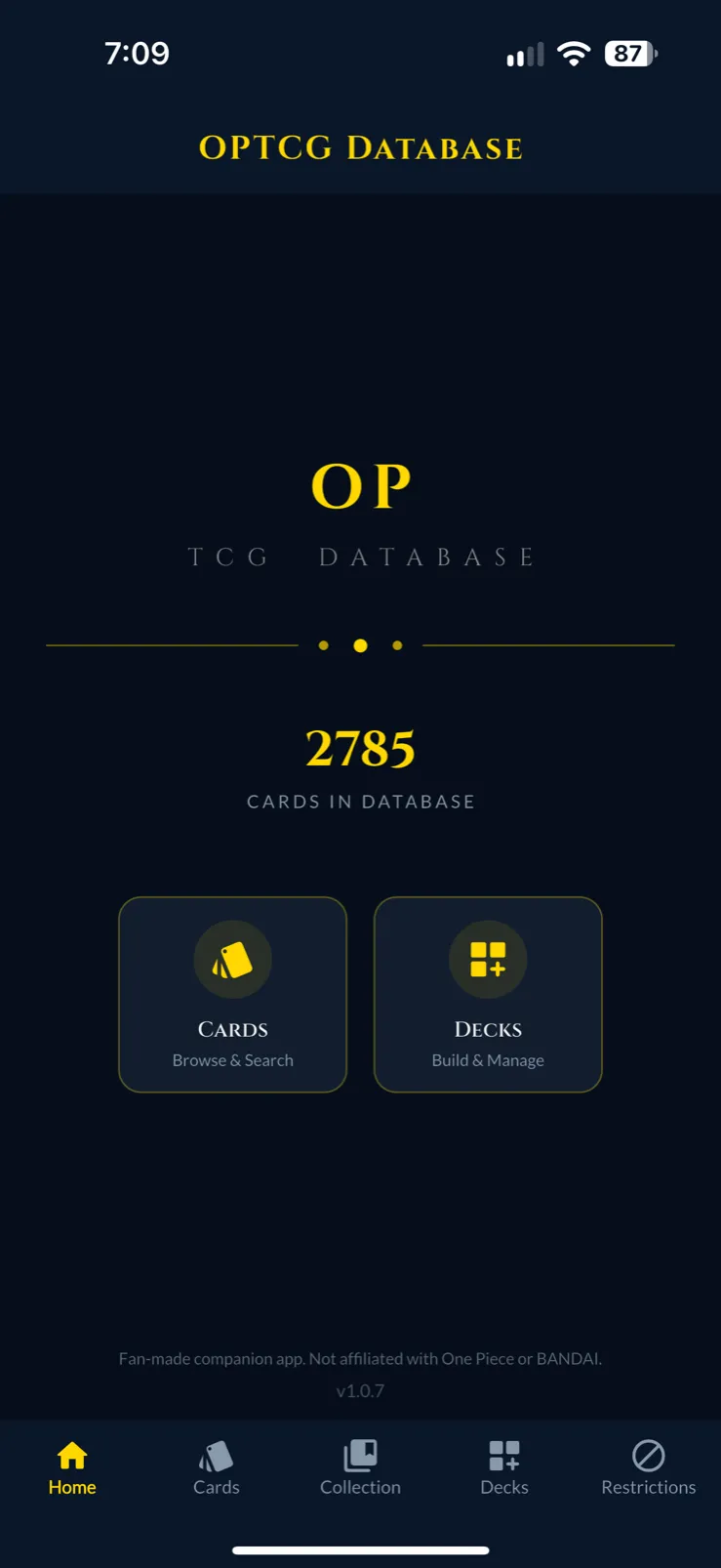 OP TCG Companion home with the card count