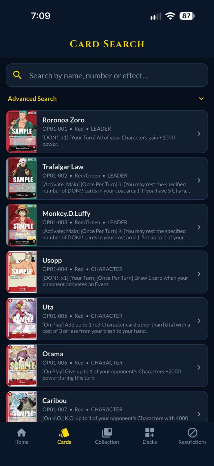 Card search by name, number or effect