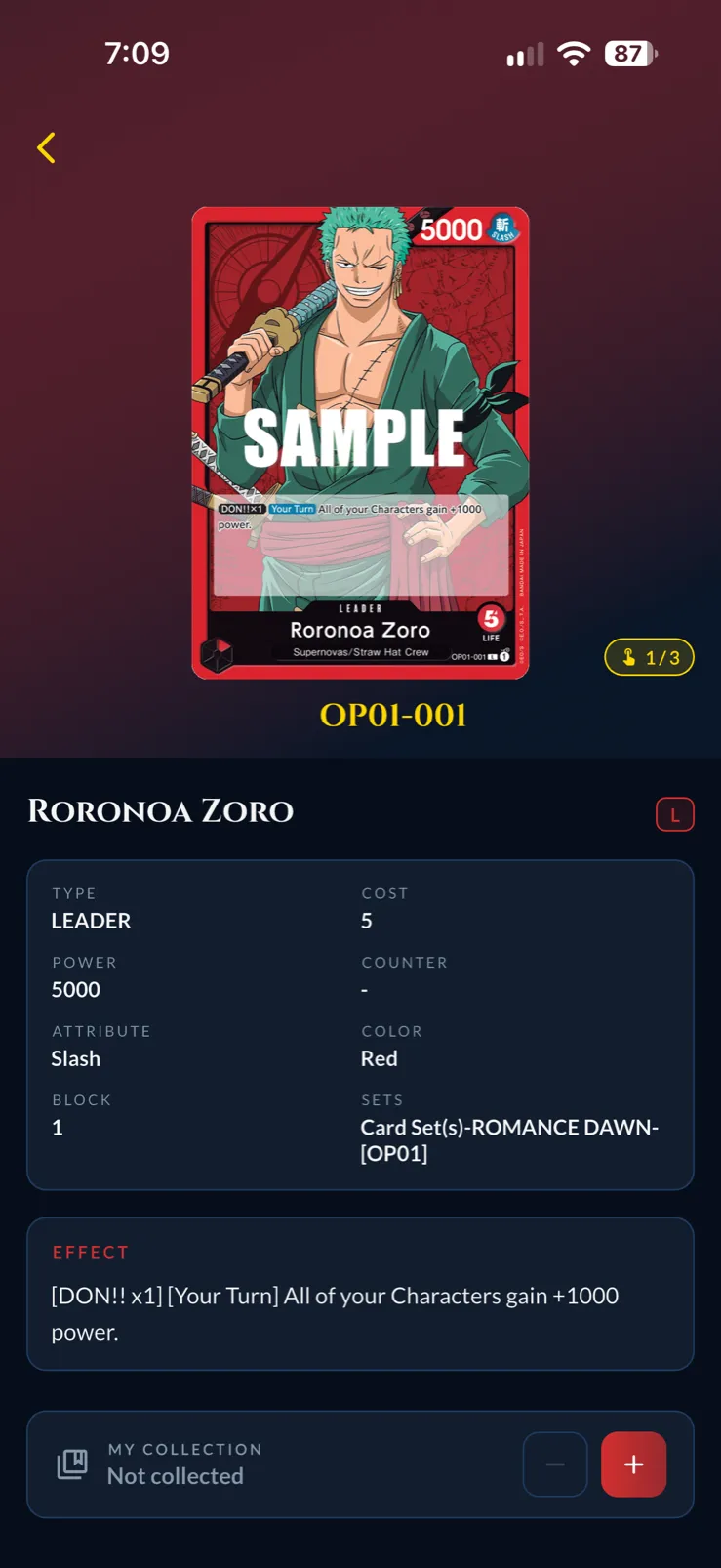 Card detail with stats, effect and collection count